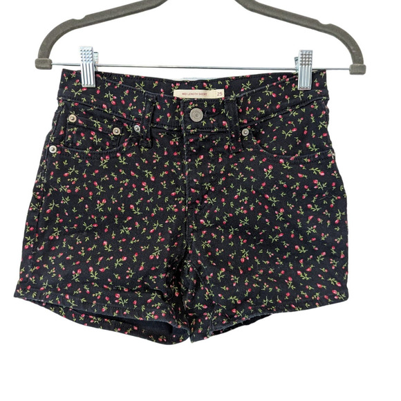 Levi's Black Pink Floral Mid Length Denim Shorts - Picture 2 of 7